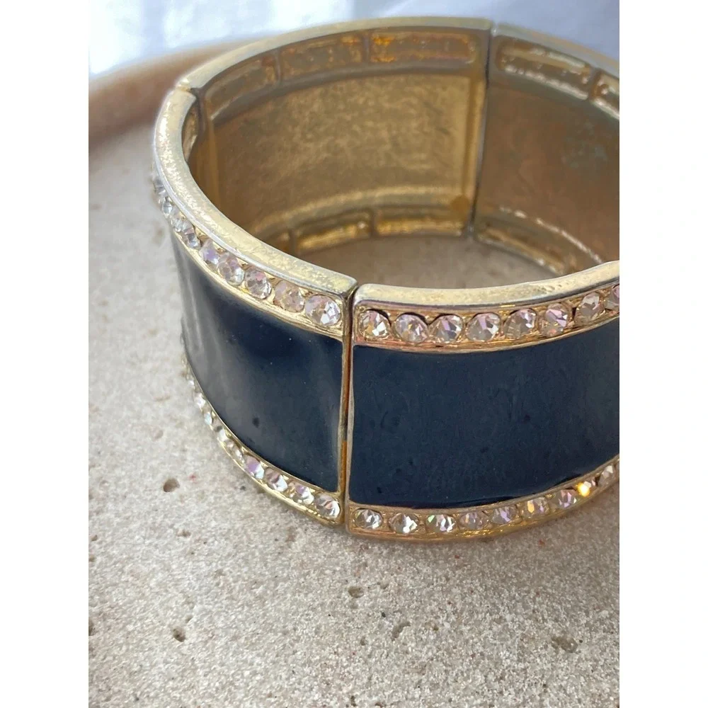 Wide Stretch Clamper Cuff Bracelet Black Enamel Gold Tone Rhinestone Trim Chunky